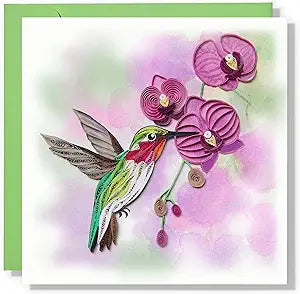 Humming Birds And Purple Orchid Quilling Card Floral Animal Birthday