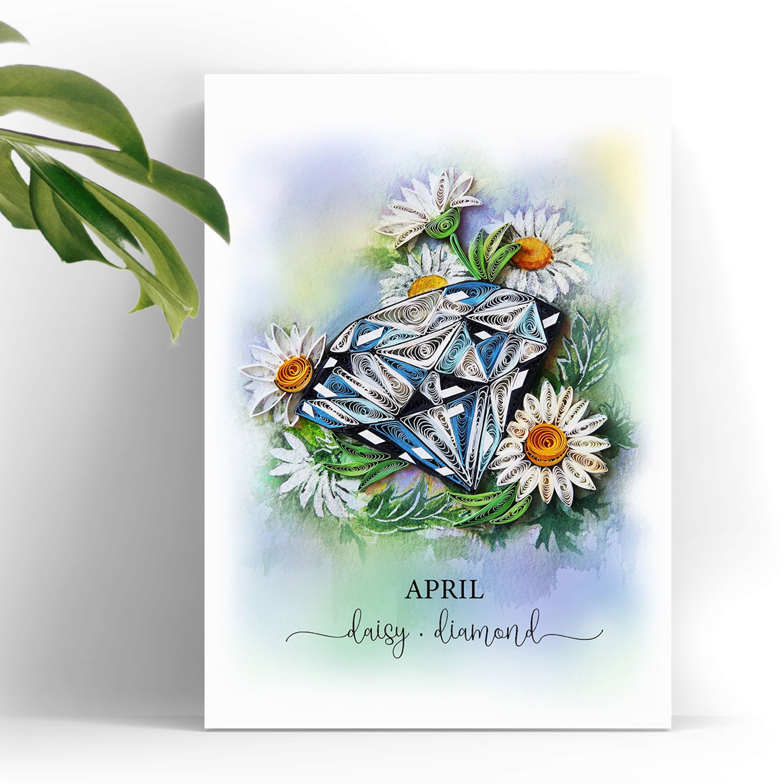 April Birth Flower Daisy and Birth Stone Diamond Card